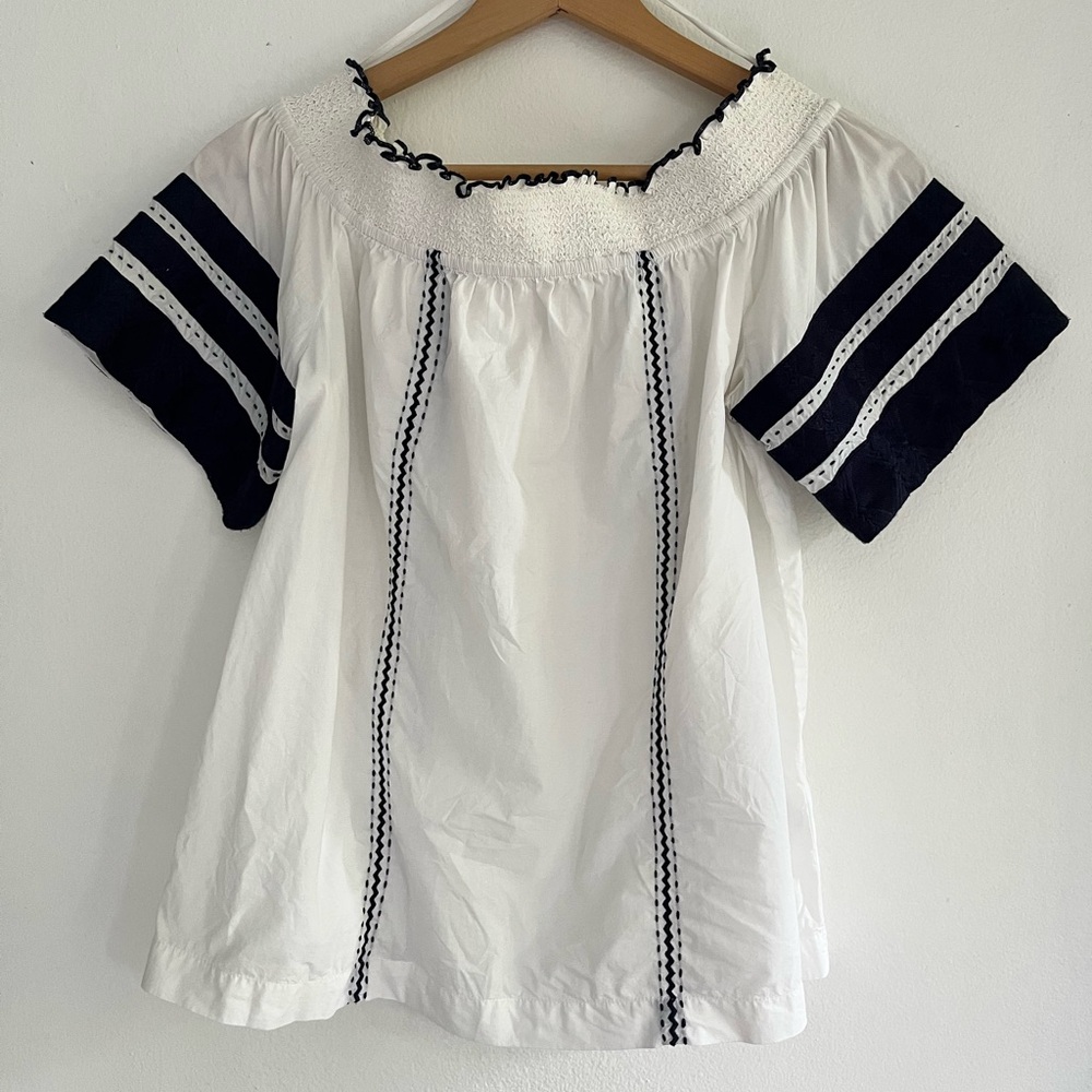 Tory Burch Off Shoulder blouse, white and navy, S/P
